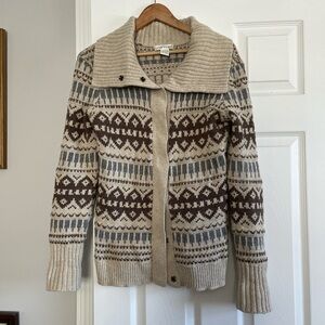 Orvis Cream Brown Gray Nordic Fair Isle Knit Cardigan Sweater